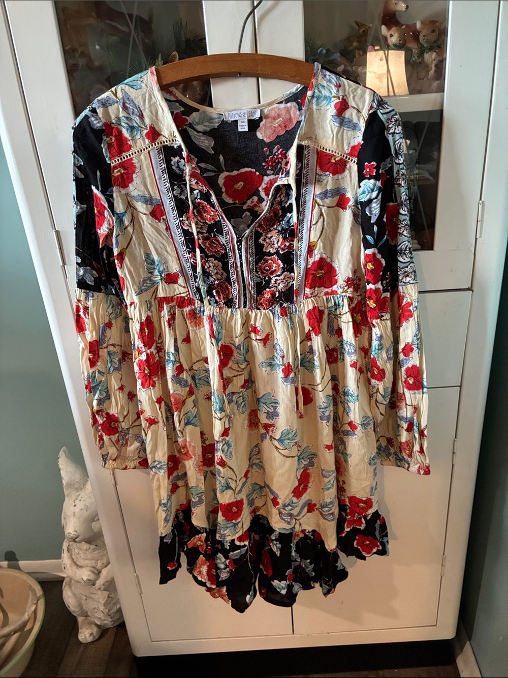 Patrons of Peace sz XS Floral Patchwork Long-Sleeve Boho Dress euc